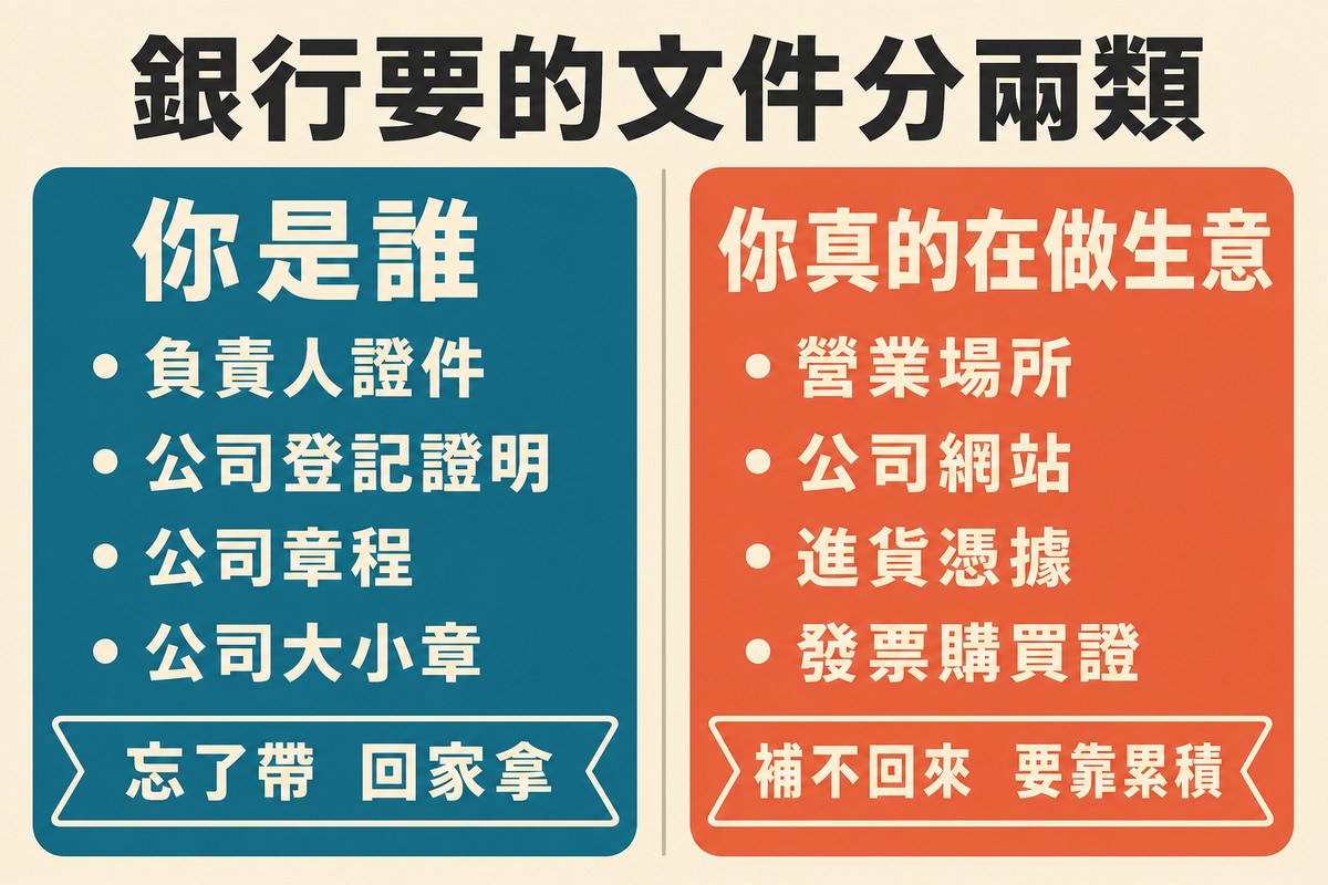 左右兩欄對照圖。左欄青藍色標題你是誰，列出負責人證件、公司登記證明、公司章程、公司大小章，底部寫忘了帶回家拿；右欄珊瑚橘標題你真的在做生意，列出營業場所、公司網站、進貨憑據、發票購買證，底部寫補不回來要靠累積