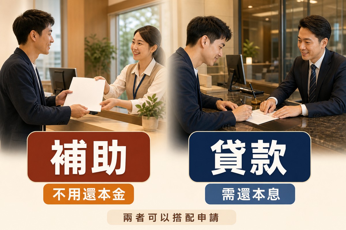 左右對照畫面：左邊一位青年創業者從服務台人員手中接過補助文件，下方標籤寫「補助」與「不用還本金」；右邊同一位創業者在銀行櫃檯簽署貸款文件，下方標籤寫「貸款」與「需還本息」，底部文字寫「兩者可以搭配申請」。