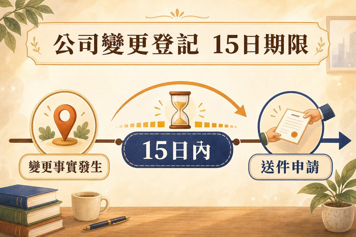 時間軸資訊圖表,標題公司變更登記15日期限,左側標示變更事實發生,中間以沙漏圖示標示15日內,右側標示送件申請