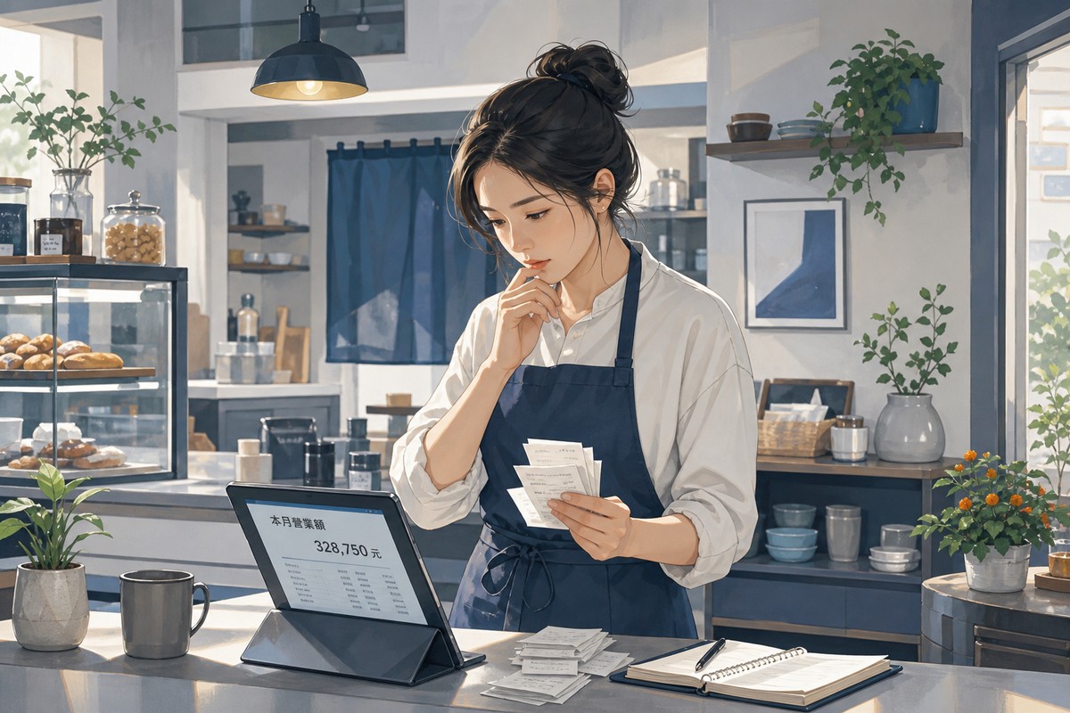 一位小型店鋪經營者站在櫃檯後方,手拿收據若有所思地看著平板上顯示本月營業額328750元的畫面,背景是溫馨的店面陳列