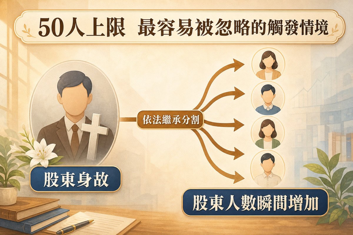 因果流程圖,標題50人上限最容易被忽略的觸發情境,左側股東身故人像,中間文字依法繼承分割並以箭頭指向四位繼承人頭像,右下標示股東人數瞬間增加