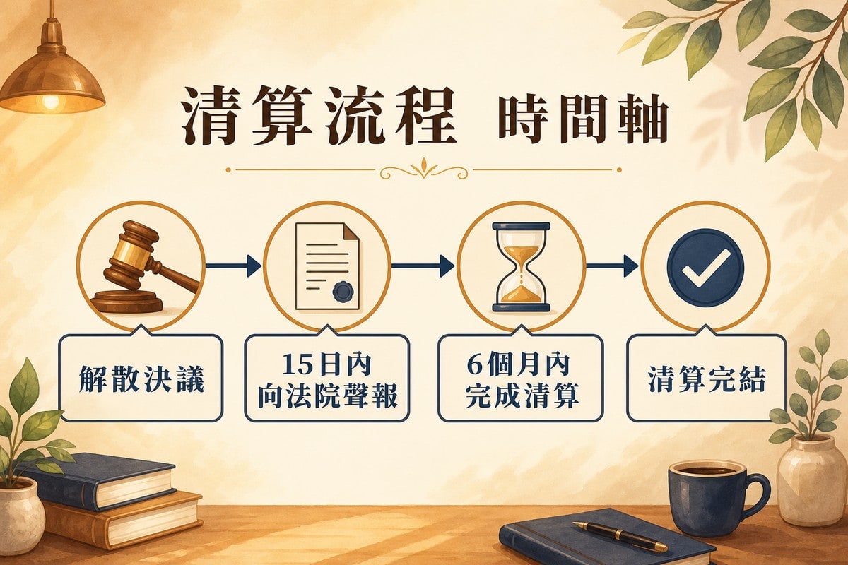 時間軸資訊圖表,標題清算流程時間軸,依序標示解散決議、15日內向法院聲報、6個月內完成清算、清算完結四個節點,各自搭配對應的小圖示