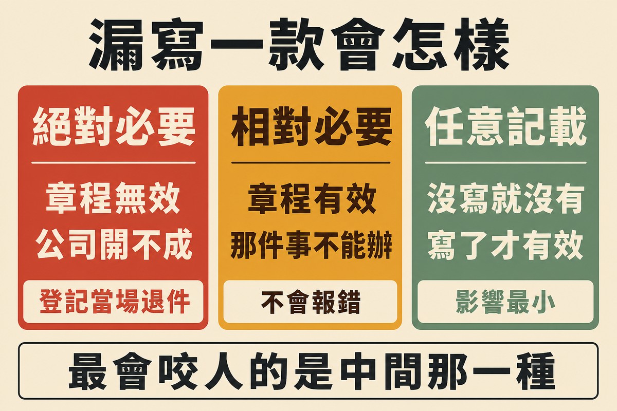 三張色卡由左至右排列。紅色絕對必要對應章程無效、公司開不成、登記當場退件;琥珀色相對必要對應章程有效、那件事不能辦、不會報錯;綠色任意記載對應沒寫就沒有、寫了才有效、影響最小。底部橫幅寫著最會咬人的是中間那一種