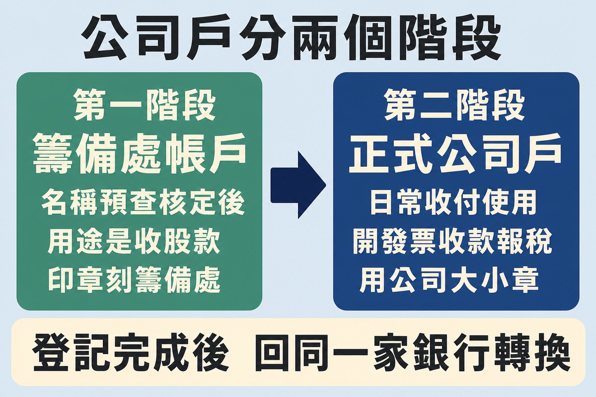左右兩張卡片以箭頭相連。左方綠色卡片為第一階段籌備處帳戶，說明名稱預查核定後開立、用途是收股款、印章刻籌備處；右方深藍卡片為第二階段正式公司戶，說明日常收付使用、開發票收款報稅、用公司大小章。下方橫幅寫著登記完成後回同一家銀行轉換