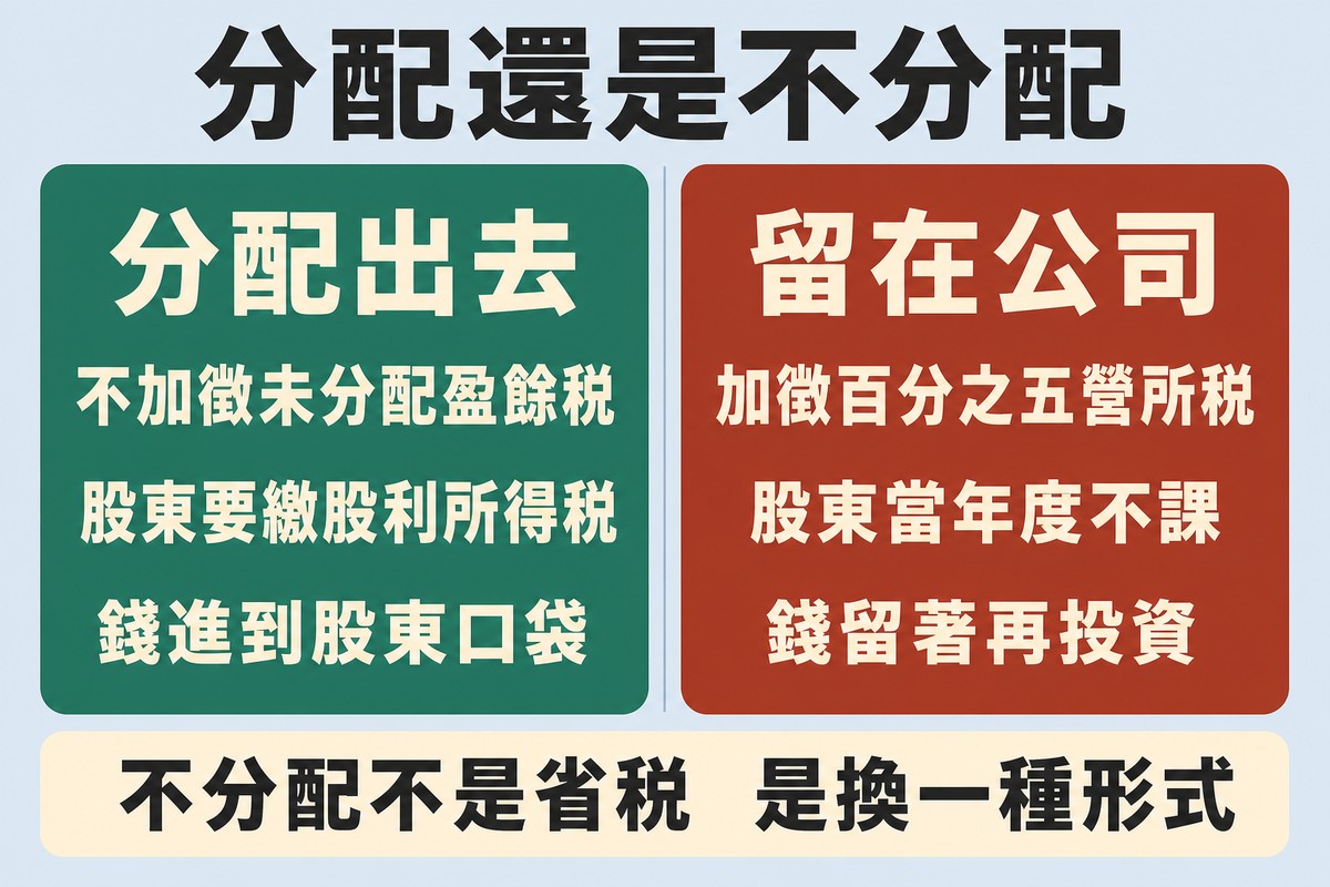 左右兩欄對照。左欄綠色分配出去,說明不加徵未分配盈餘稅、股東要繳股利所得稅、錢進到股東口袋;右欄磚紅色留在公司,說明加徵百分之五營所稅、股東當年度不課、錢留著再投資。下方橫幅寫著不分配不是省稅是換一種形式