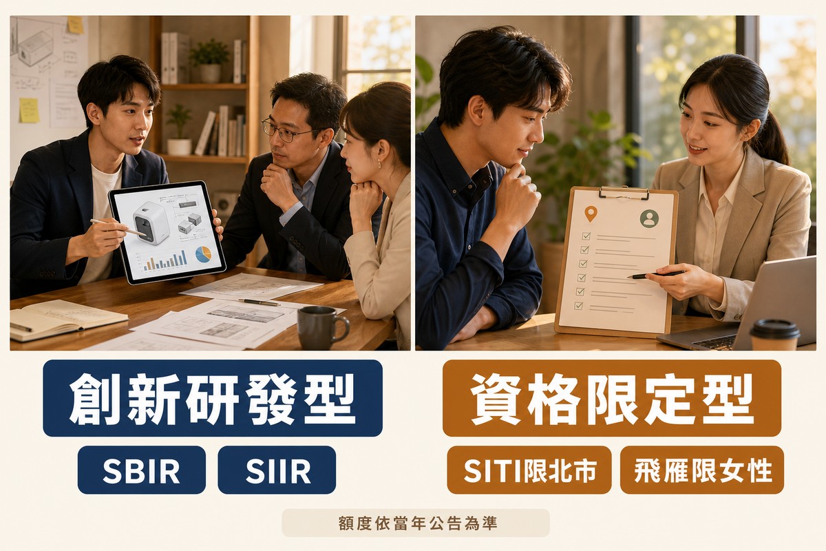 左右對照畫面：左邊一位青年創業者向兩位審查人員展示平板上的產品研發資料，下方標籤寫「創新研發型」與「SBIR」「SIIR」；右邊一位創業者與顧問一起看寫字板上的資格checklist，下方標籤寫「資格限定型」與「SITI限北市」「飛雁限女性」，底部文字寫「額度依當年公告為準」。