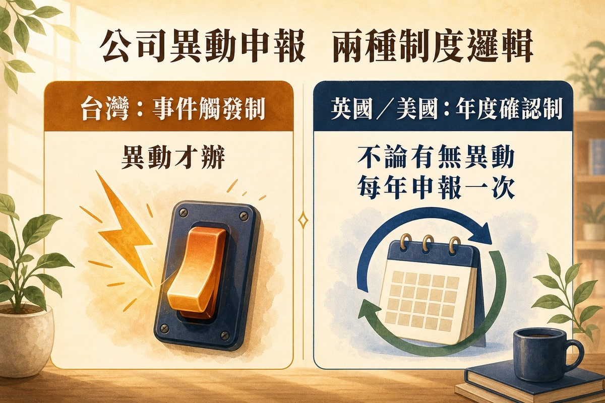 左右兩欄比較圖,標題公司異動申報兩種制度邏輯,左欄台灣事件觸發制標示異動才辦,右欄英國美國年度確認制標示不論有無異動每年申報一次