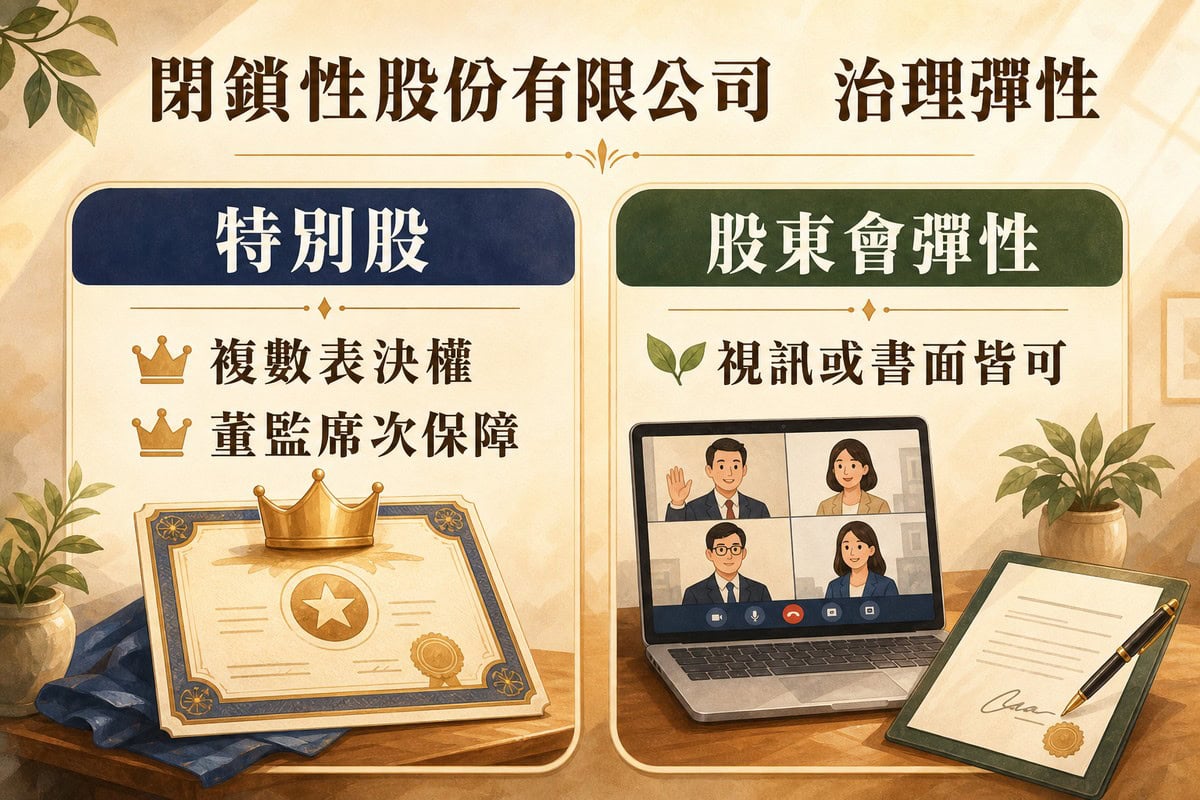 左右兩區塊圖表,標題閉鎖性股份有限公司治理彈性,左區塊特別股標示複數表決權、董監席次保障,搭配皇冠證書圖示,右區塊股東會彈性標示視訊或書面皆可,搭配視訊會議畫面