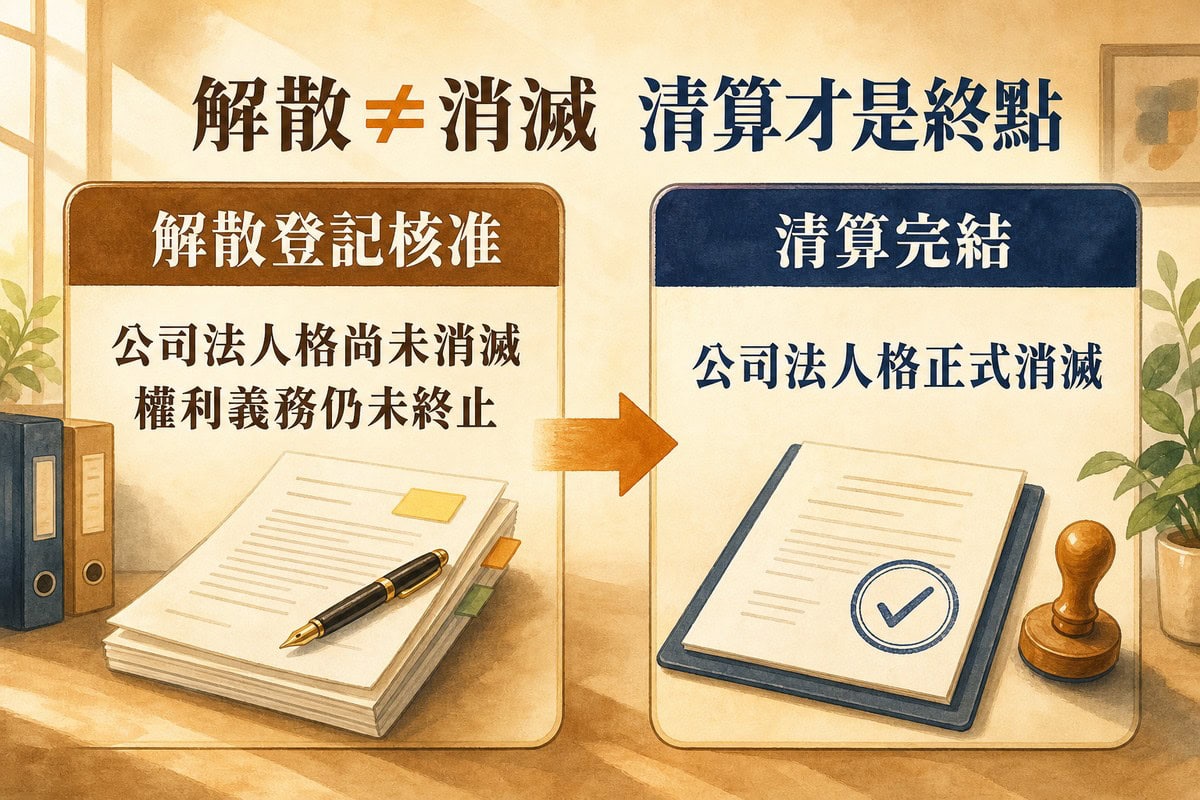 左右兩欄對比圖表,標題解散不等於消滅、清算才是終點,左欄解散登記核准標示公司法人格尚未消滅、權利義務仍未終止,右欄清算完結標示公司法人格正式消滅,中間有箭頭連接兩欄