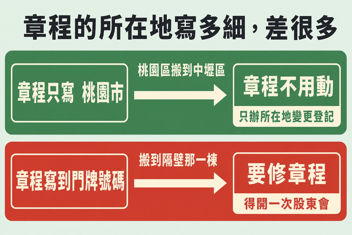 上下兩列對照。上列綠色顯示章程只寫桃園市,從桃園區搬到中壢區時章程不用動,只需辦所在地變更登記;下列紅色顯示章程寫到門牌號碼,搬到隔壁那一棟就要修章程,得開一次股東會