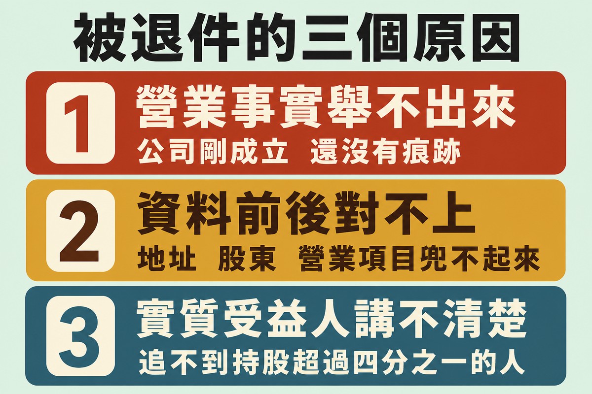 三列橫向卡片。第一列磚紅色寫營業事實舉不出來，說明公司剛成立還沒有痕跡；第二列金黃色寫資料前後對不上，說明地址、股東、營業項目兜不起來；第三列藍灰色寫實質受益人講不清楚，說明追不到持股超過四分之一的人