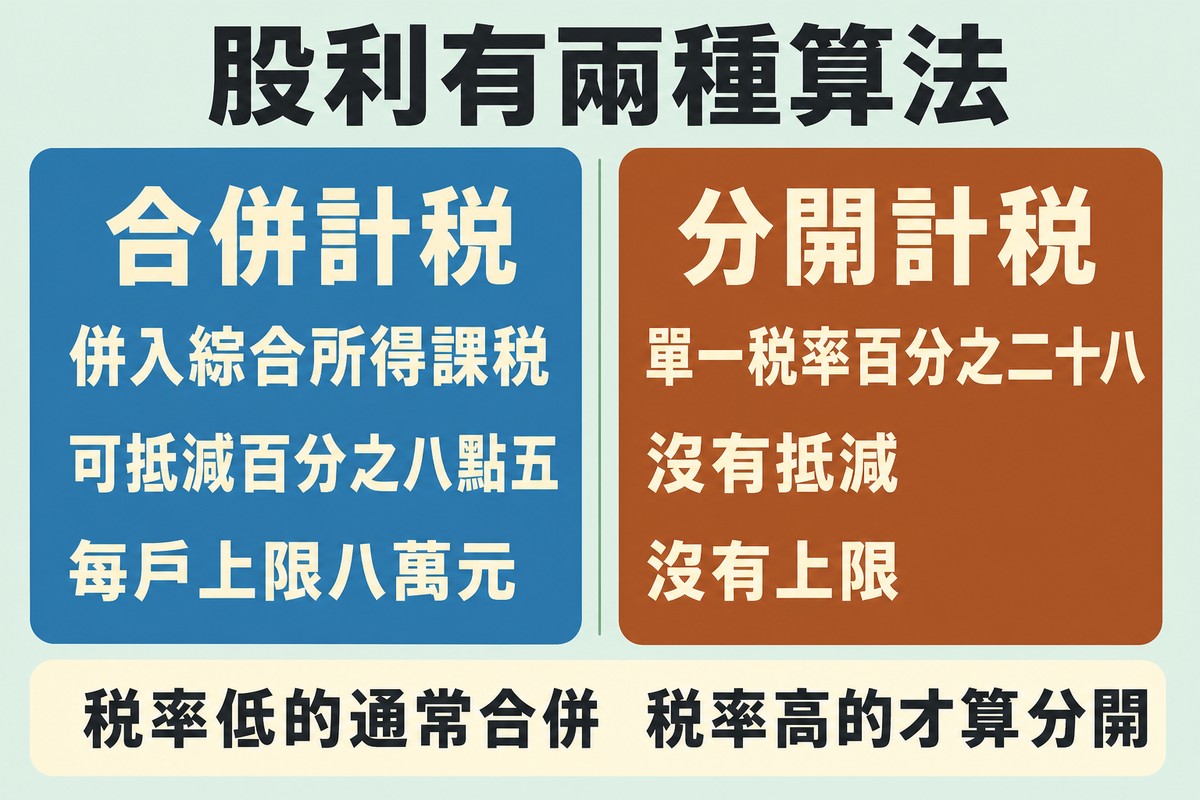 左右兩欄對照。左欄藍色合併計稅,說明併入綜合所得課稅、可抵減百分之八點五、每戶上限八萬元;右欄赭褐色分開計稅,說明單一稅率百分之二十八、沒有抵減、沒有上限。下方橫幅寫著稅率低的通常合併稅率高的才算分開