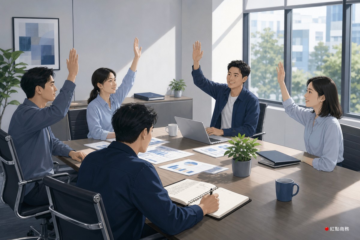 會議桌旁眾人舉手表決,主席在會議紀錄本上記錄