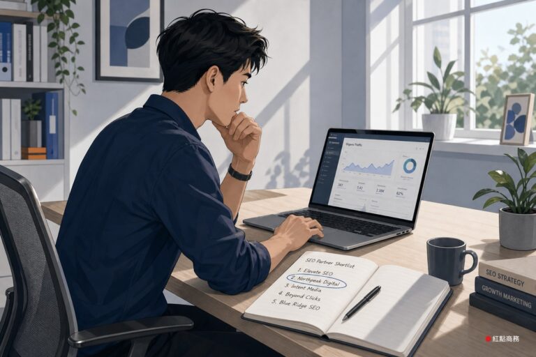 創業者在筆電前停下手,旁邊筆記本上有圈起的候選名稱