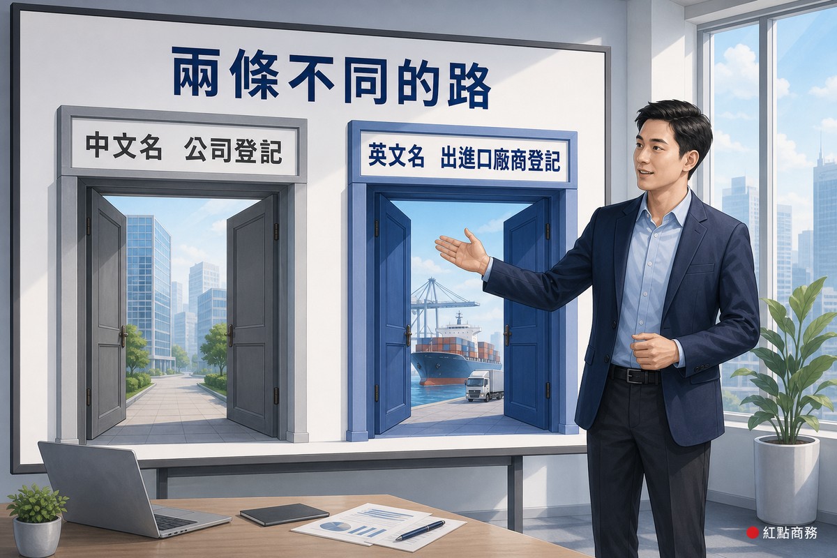 簡報板以兩道門說明中文名與英文名分屬不同登記制度