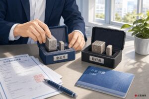 辦公桌上兩組分開收納的公司大小章分別標示登記用與銀行用