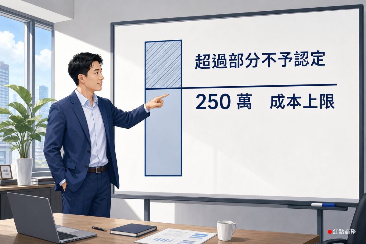 簡報板以長條與水平上限線說明折舊成本上限