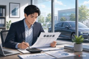 業主在辦公室核算車輛折舊相關文件