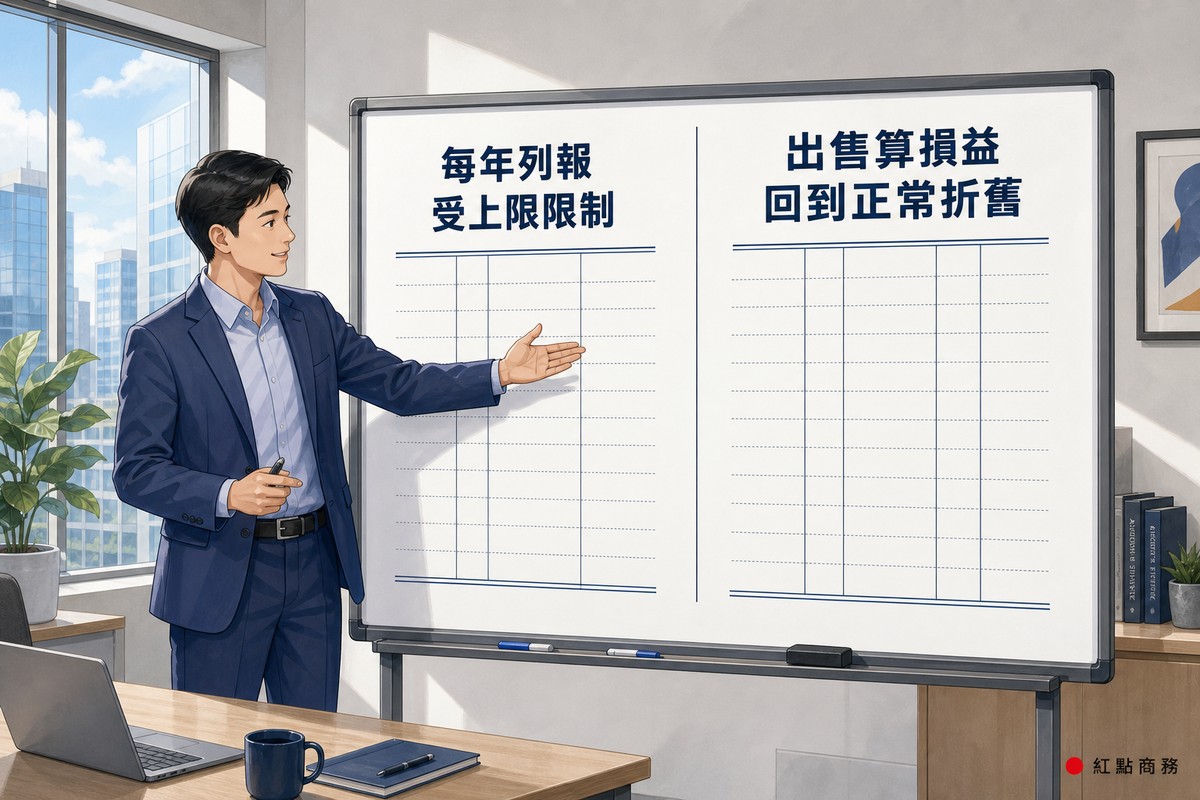簡報板以兩欄帳冊對比列報折舊與出售損益的計算基礎