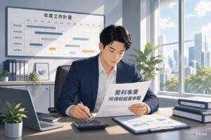 業主在辦公室檢視營利事業所得稅結算申報書