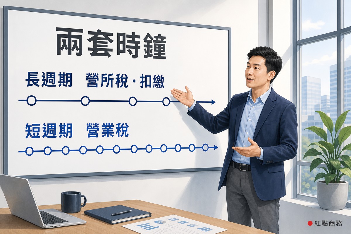 簡報板以兩條平行時間軸呈現長週期與短週期