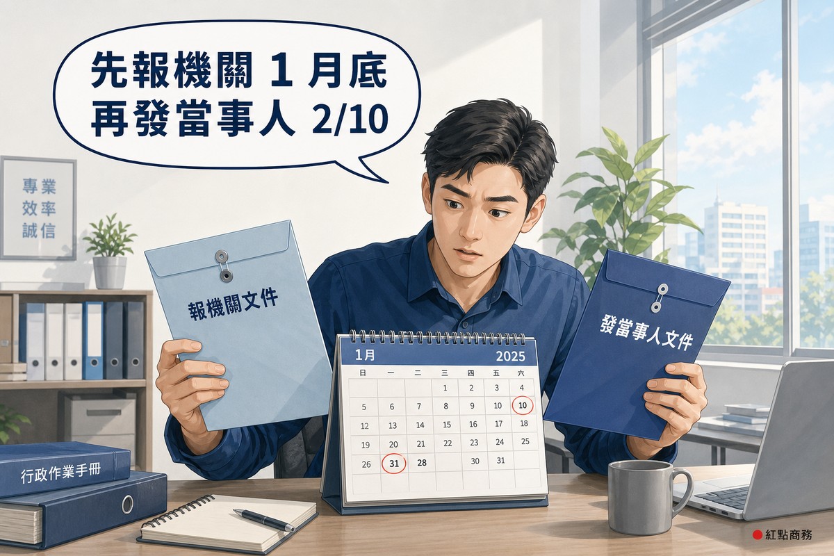 業主手持兩份文件對照桌曆上相鄰的兩個期限