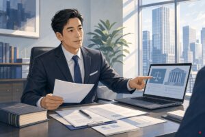 一位律師坐在辦公桌前，指著筆電螢幕向客戶解說，桌上有法律文件與法規書籍，背景是明亮的商務中心辦公室