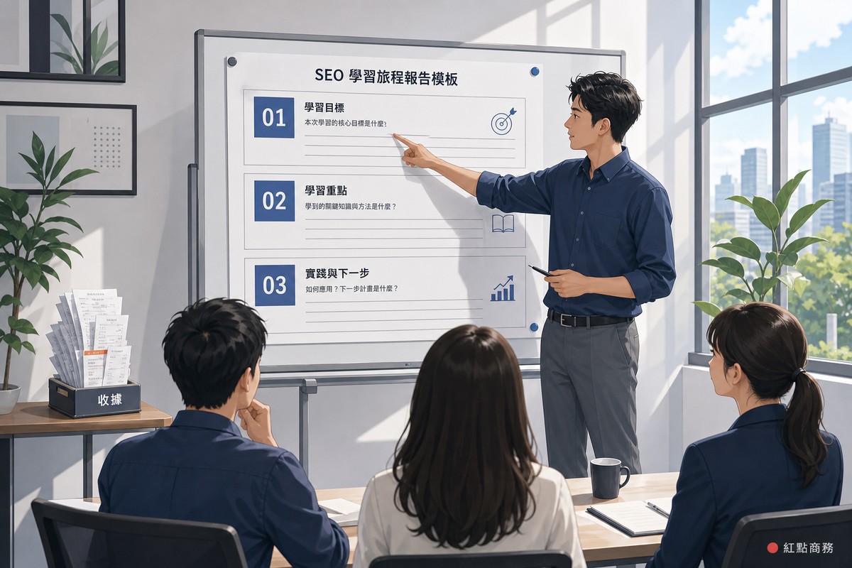 簡報板上的出差報告單範本標示三個欄位