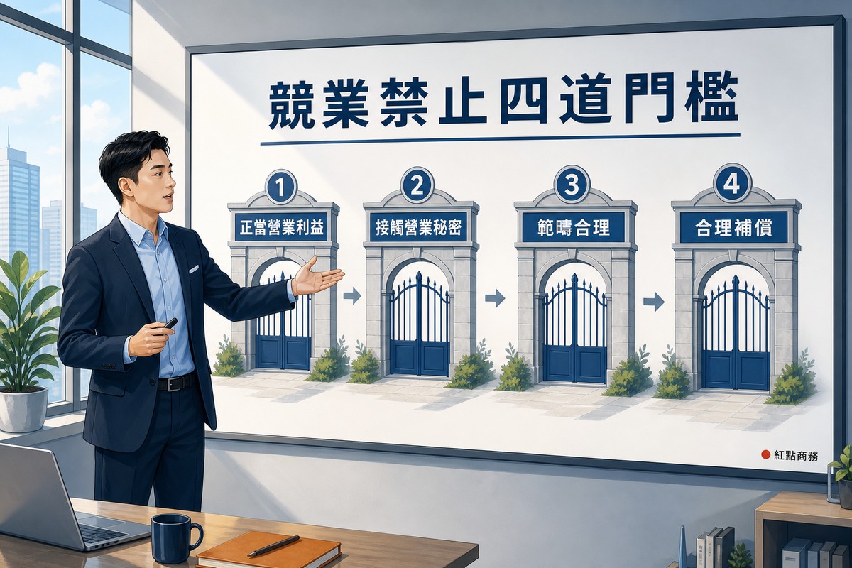簡報板以四道關卡呈現競業禁止的法定要件