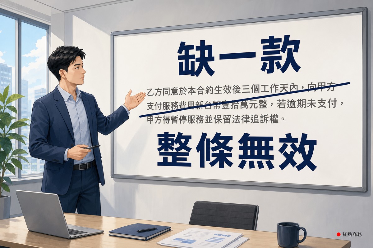 簡報板上整條競業禁止條款被劃掉表示無效