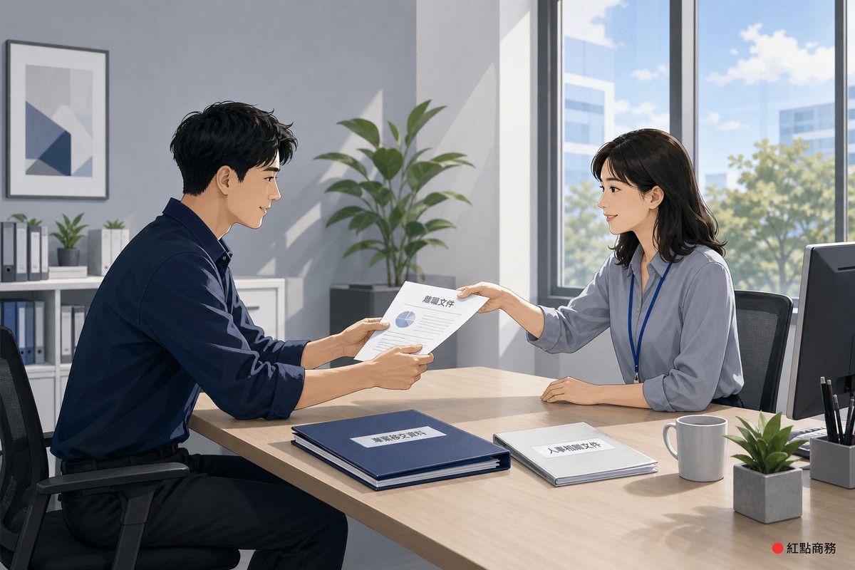人資將一張證明遞給離職同仁，桌上另有兩份分開的文件夾