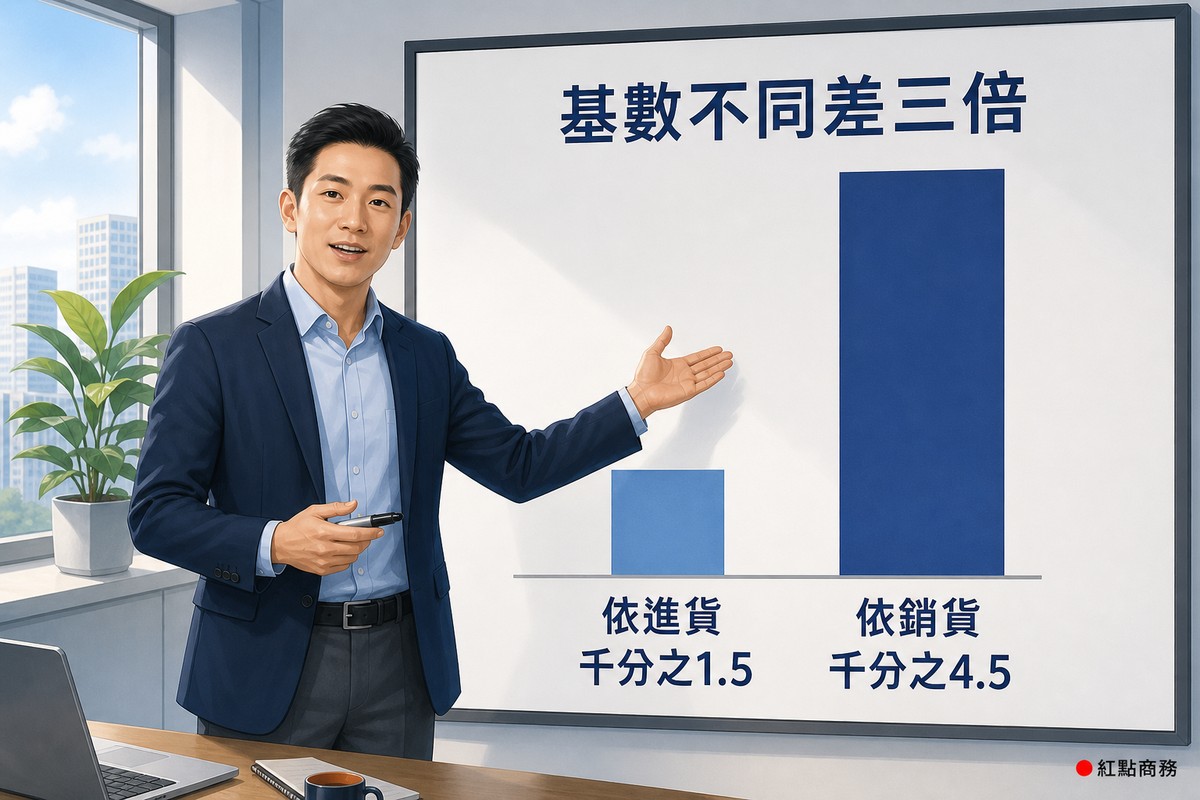 簡報板以兩根長短不同的長條比較進貨與銷貨基準的比率