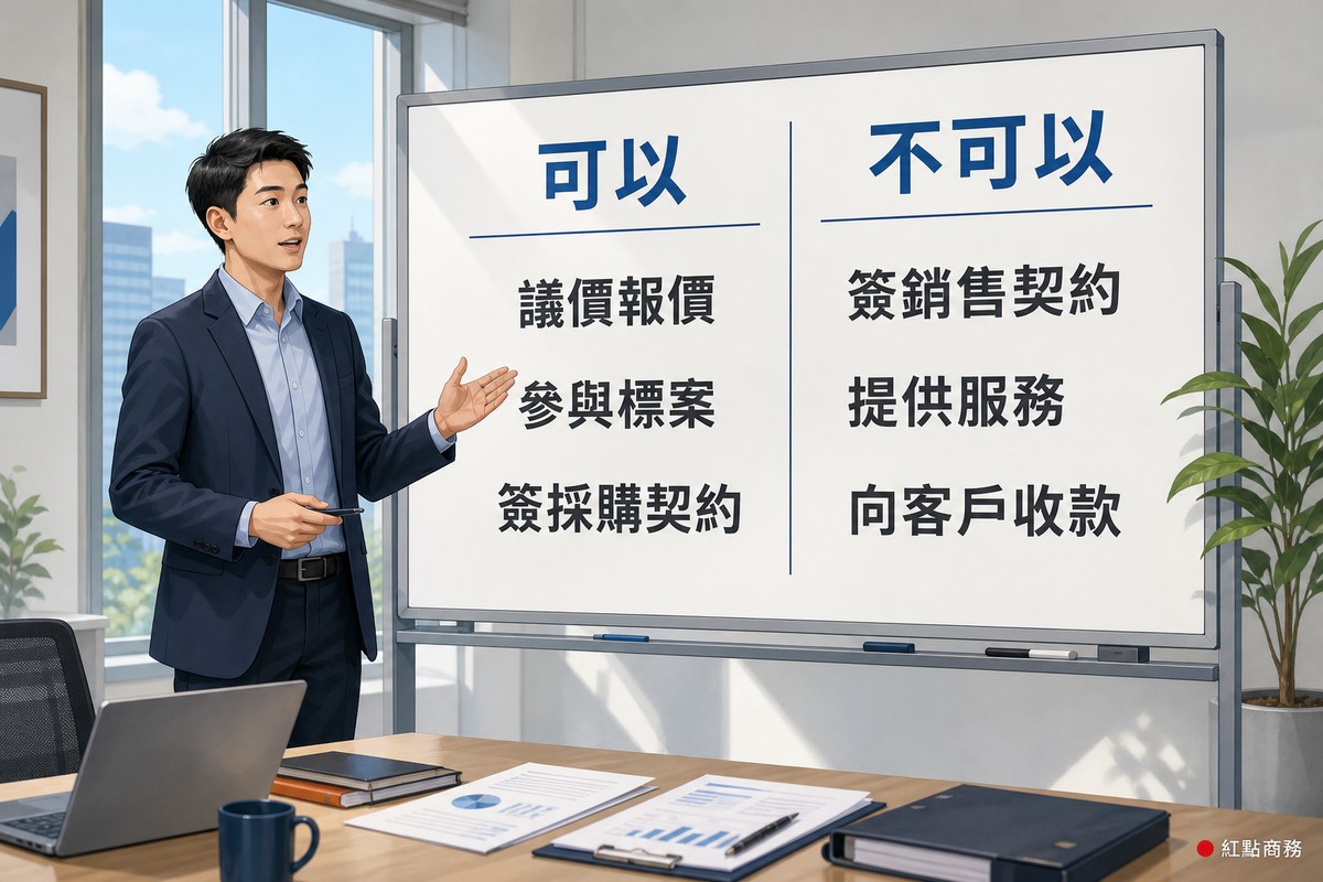 簡報板以兩欄列出辦事處可以與不可以從事的行為