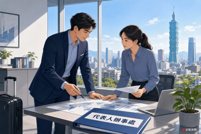外商代表與在台人員在辦公室討論代表人辦事處文件
