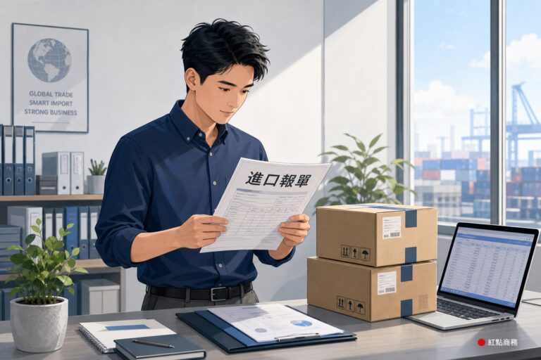 業主在辦公室核對進口報單與包裹