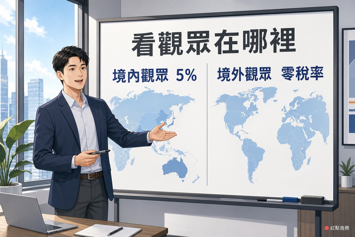 簡報板以地圖兩側說明境內觀眾與境外觀眾的稅率差異