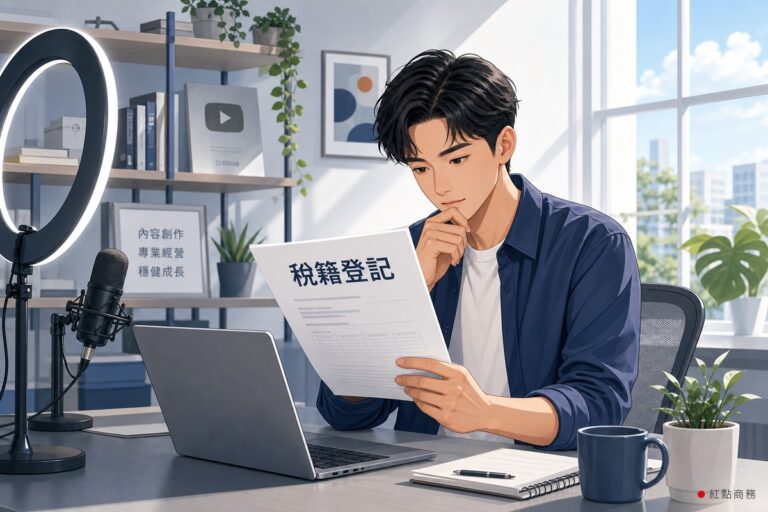 內容創作者在工作桌前檢視稅籍登記文件