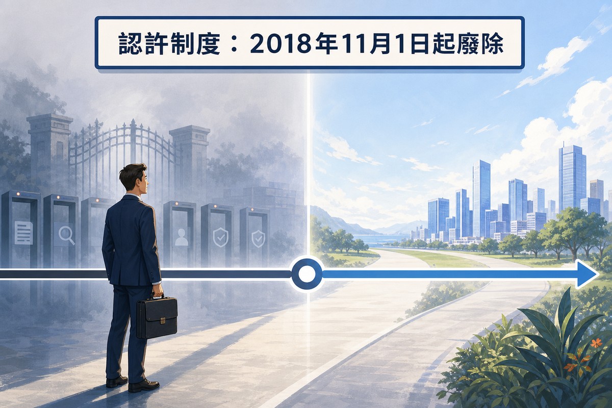 一位商務人士站在時間軸前，左側是有審查閘門的霧濛濛場景，右側是開闊清爽的城市天際線，上方橫幅寫著認許制度2018年11月1日起廢除
