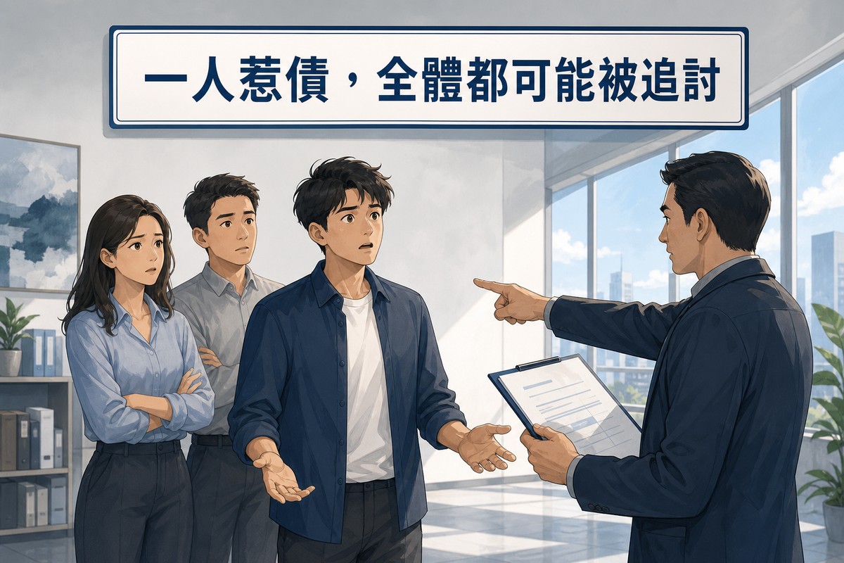 催收人員向其中一位合夥人追討全額債務情境