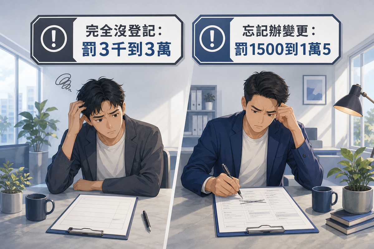 完全沒登記與忘記辦變更登記兩種情境罰則對比