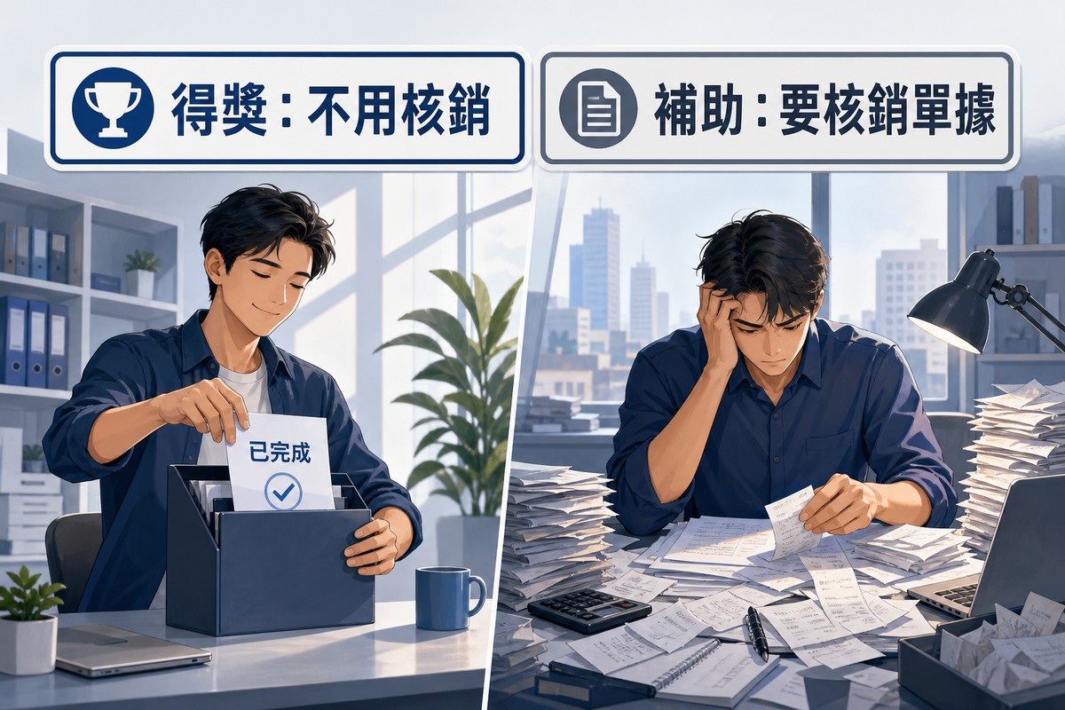 得獎不用核銷與補助要核銷單據兩種情境對比