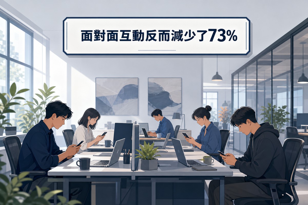 開放式辦公空間裡多位員工坐得很近卻各自低頭滑手機傳訊息,畫面上方橫幅寫著面對面互動反而減少了73%