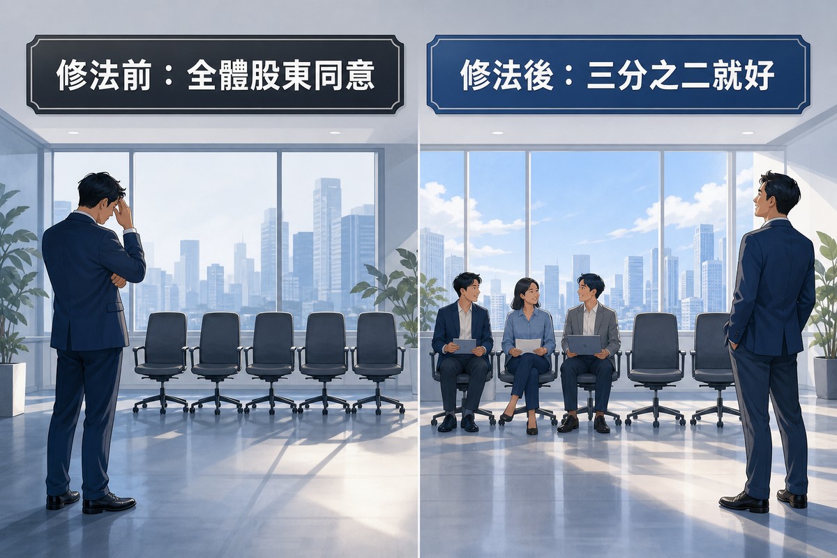 修法前需全體股東同意與修法後三分之二即可對比情境
