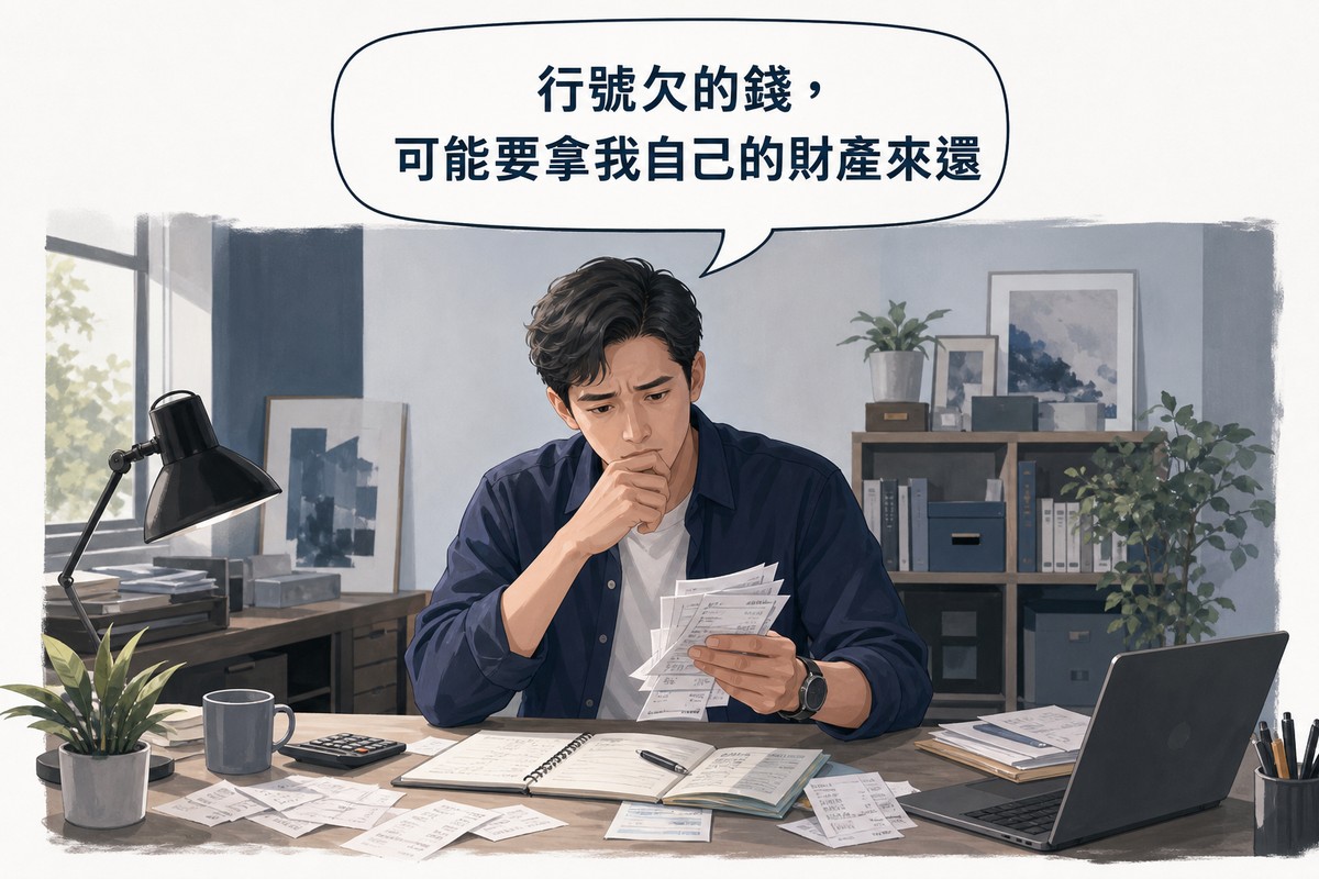 一位獨資負責人坐在桌前擔憂地看著帳單，畫面上方氣泡寫著行號欠的錢可能要拿自己的財產來還