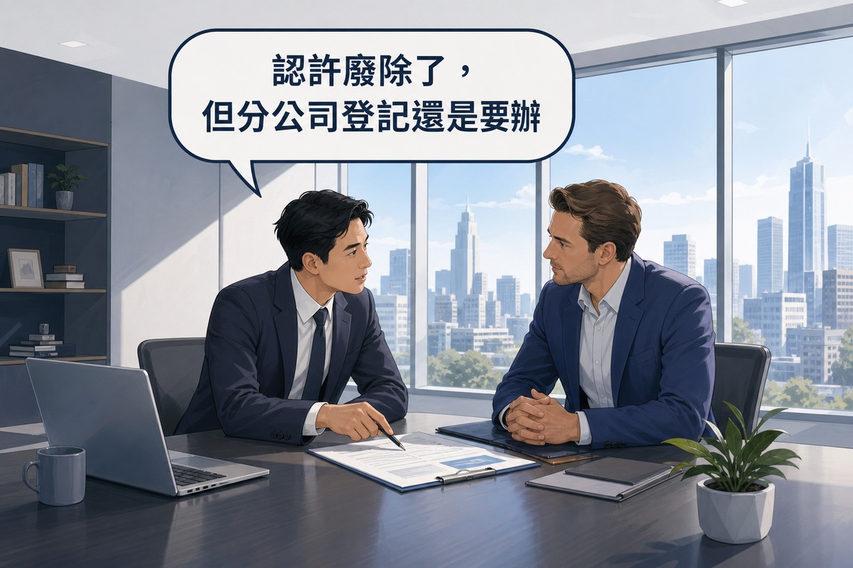 律師與外國商務客戶面對面對話，桌上有文件與筆電，畫面上方氣泡寫著認許廢除了但分公司登記還是要辦