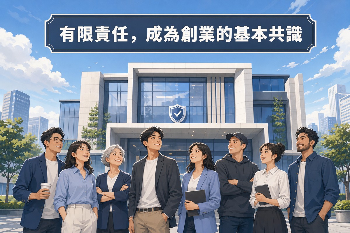 多元創業者群像站在有限責任保障公司建築前情境
