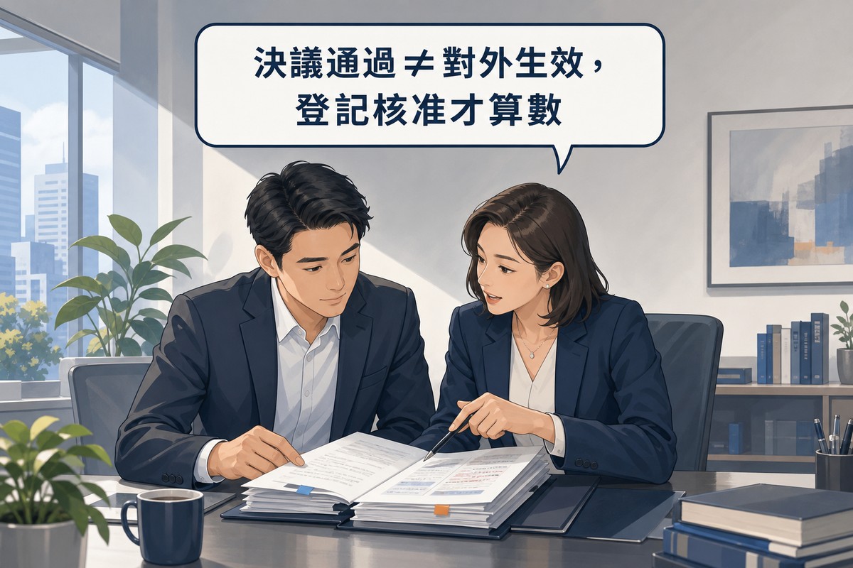 章程修正決議與變更登記核准情境對話