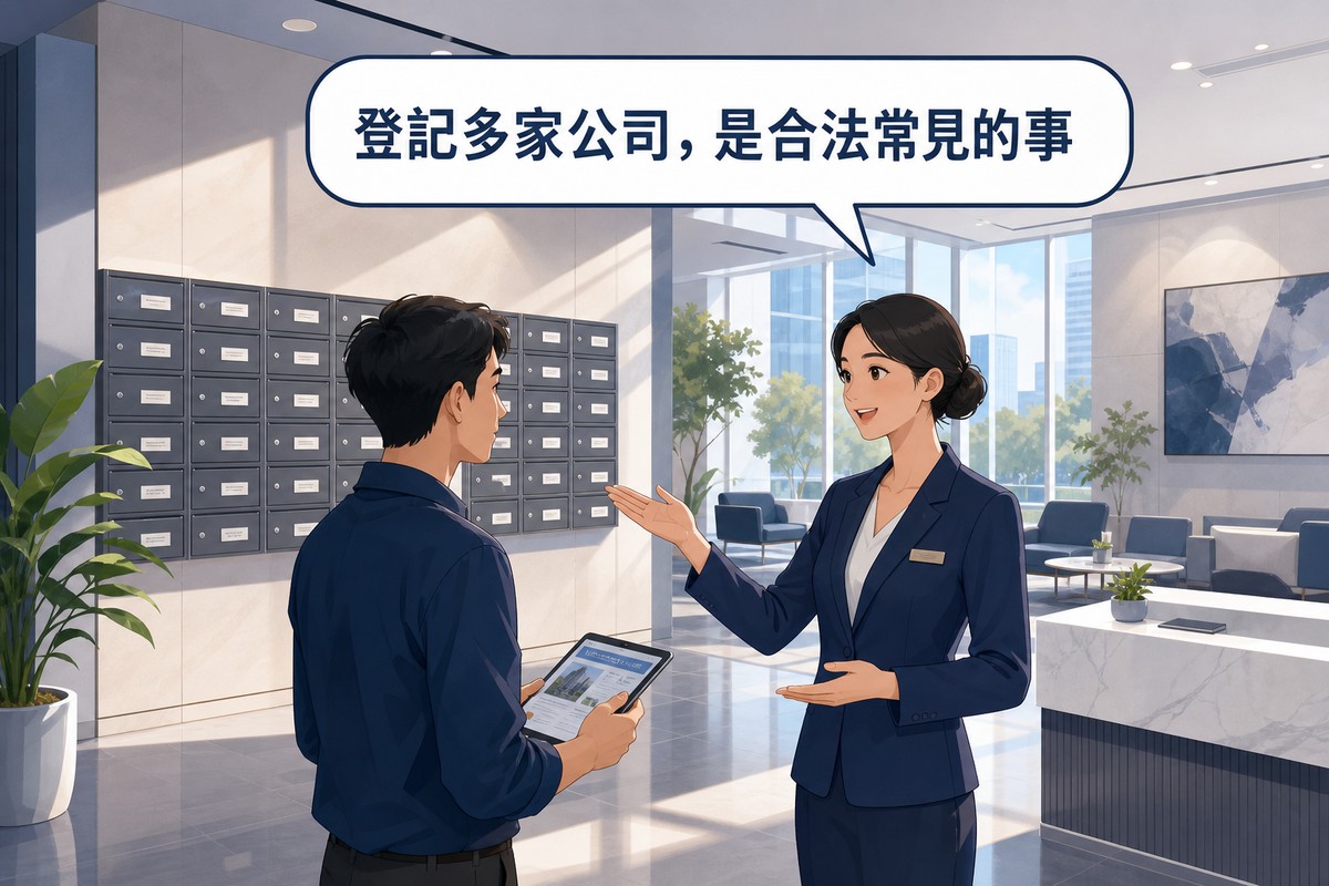 商務中心信箱牆與工作人員介紹借址登記情境