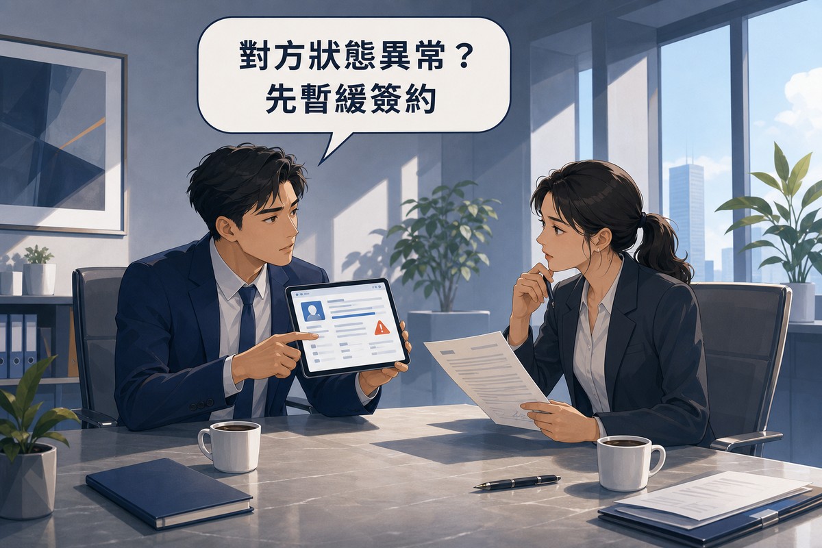 兩位商務人士討論對方公司登記狀態異常暫緩簽約情境