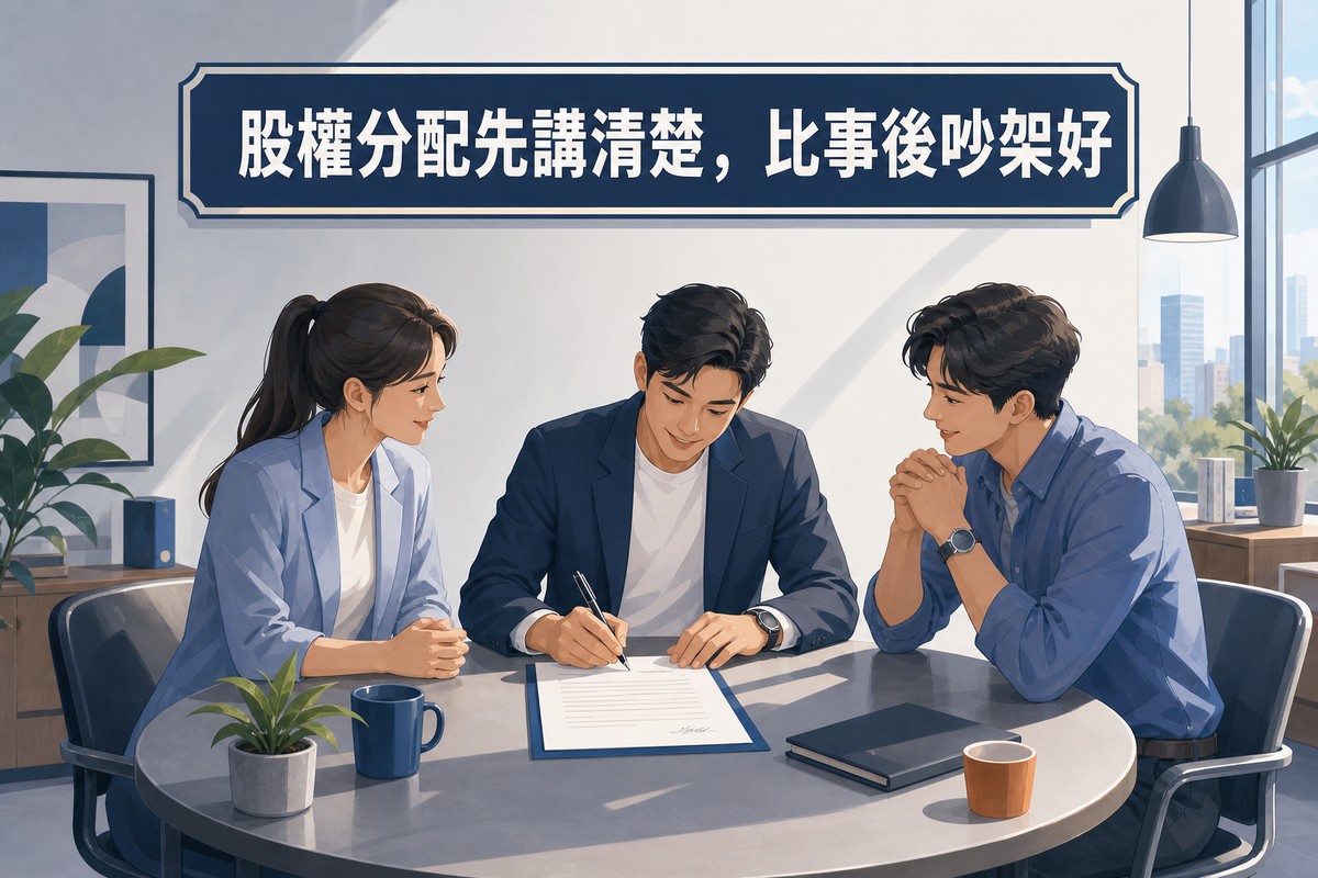 三位創業夥伴簽署股權分配協議情境